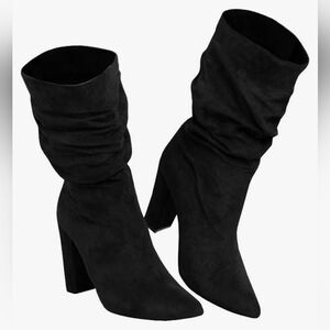 Syktkmx Women's Winter Slouchy High Heel Boots Mid Calf Vegan Seude Slip On 8.5